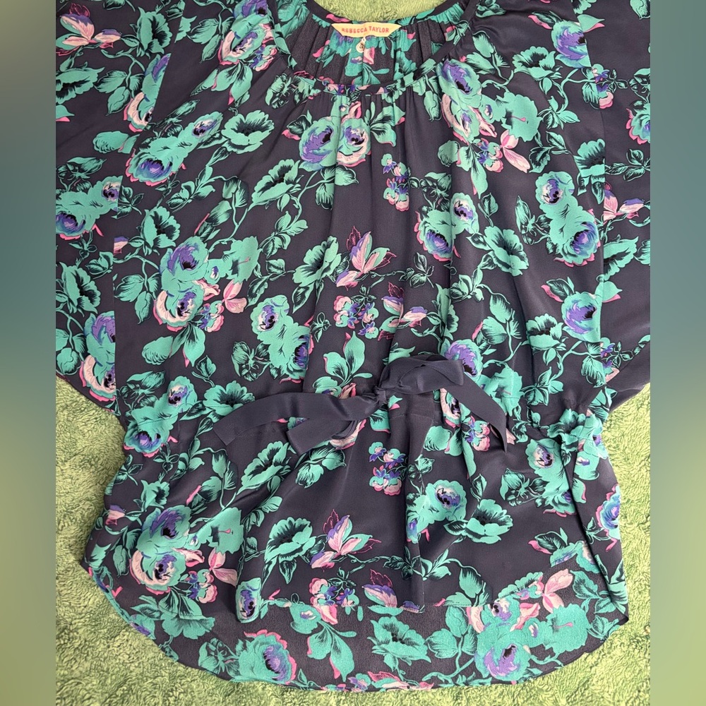 Rebecca Taylor Floral Silk Tie-Waist Blouse Purple Teal Short Sleeve Top - Picture 2 of 6